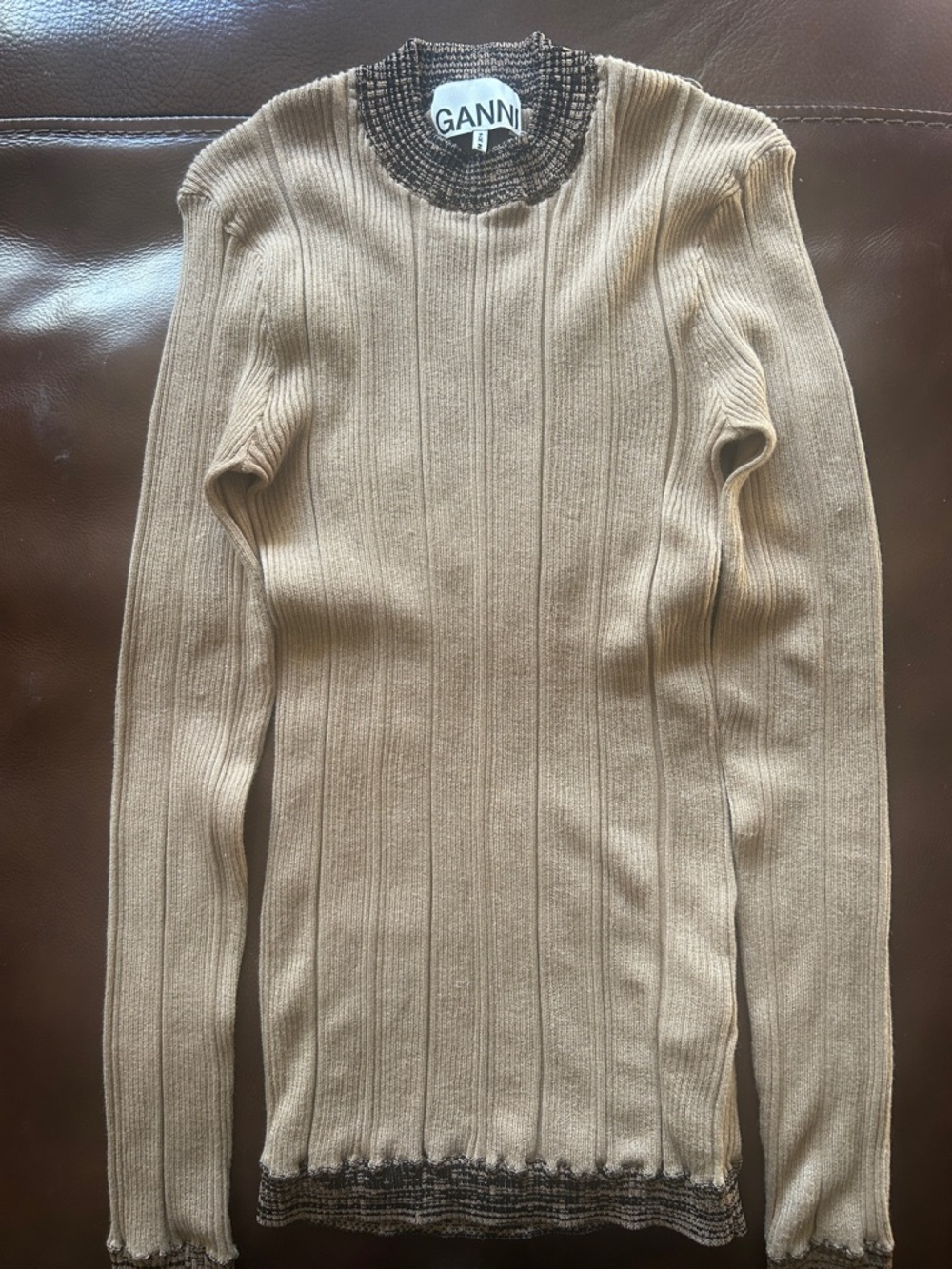 Ganni Beige Ribbed Long Sleeve Top with Dark Trim